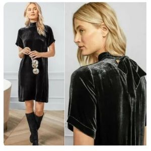 Eileen Fisher Charcoal Silk Velvet Dress Side Pockets Mock Tie Neck M